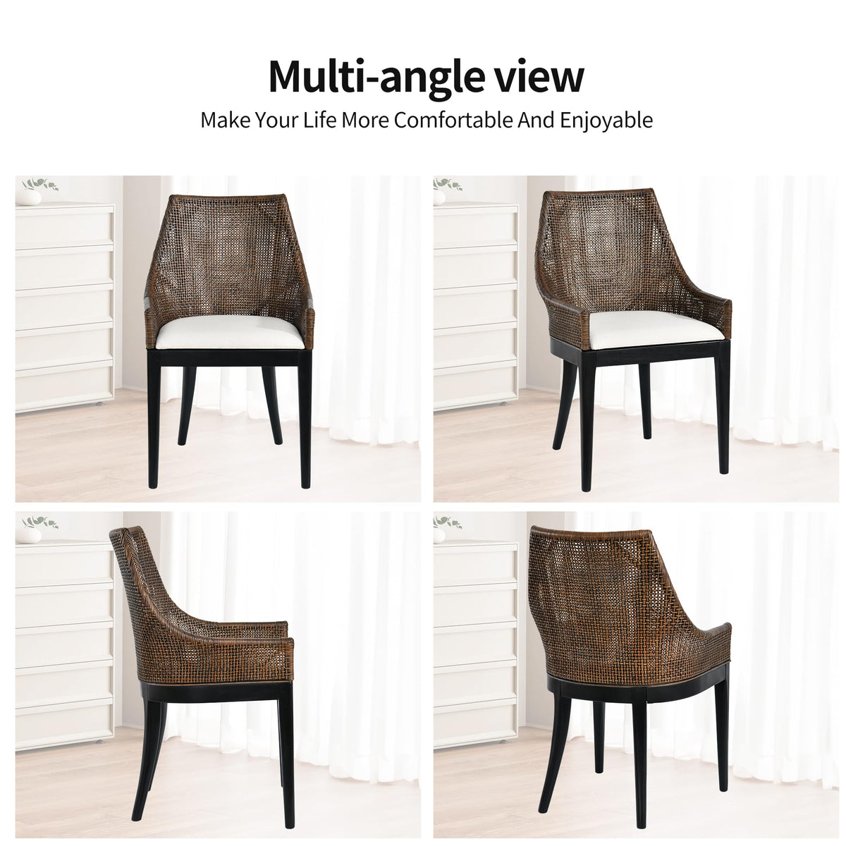 DUHOME 2 Sets Wood Rattan Arm Accent Chairs Natural Wash/White Cushion