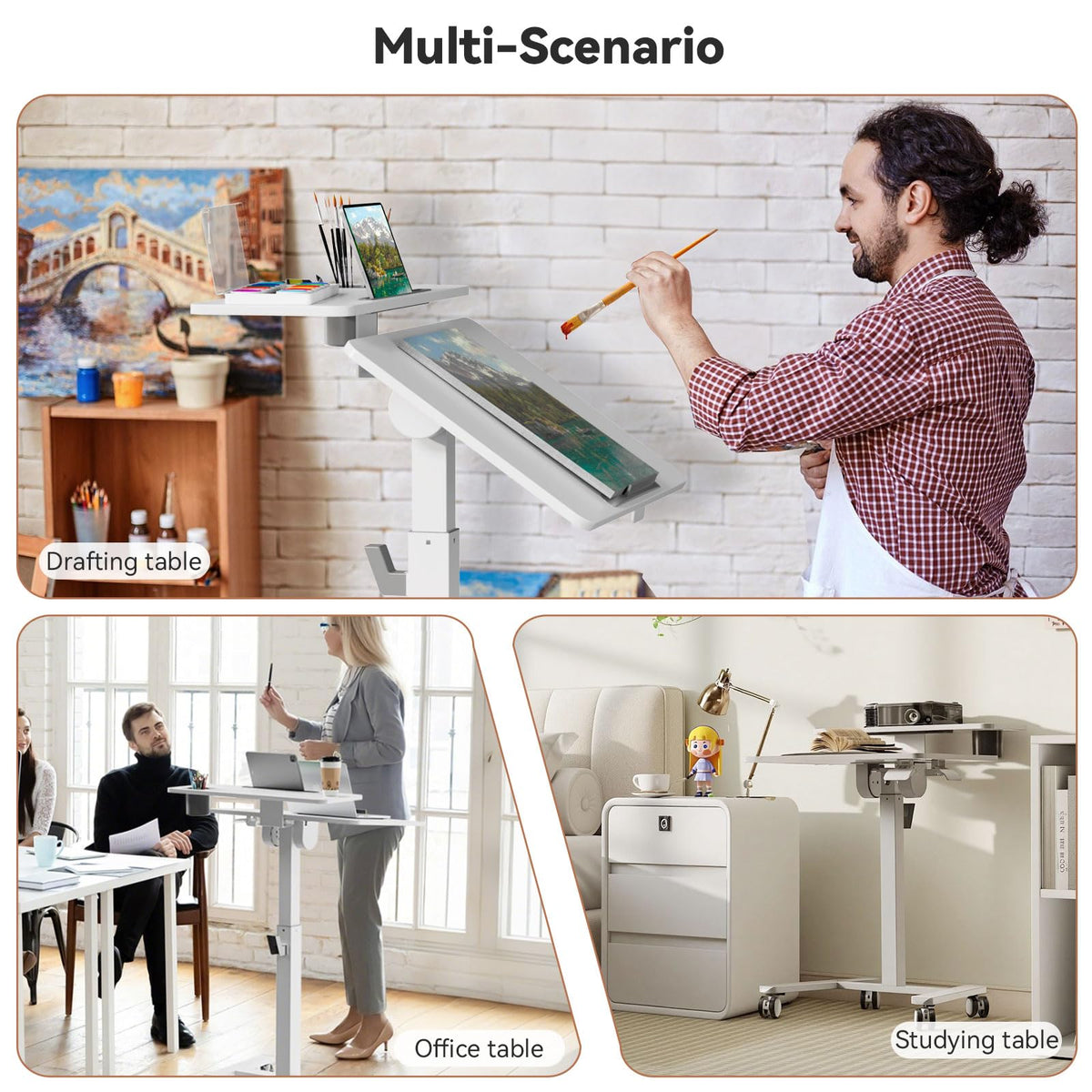 28" Mobile Standing Desk, Tiltable Top with 2-Tier Shelves, White