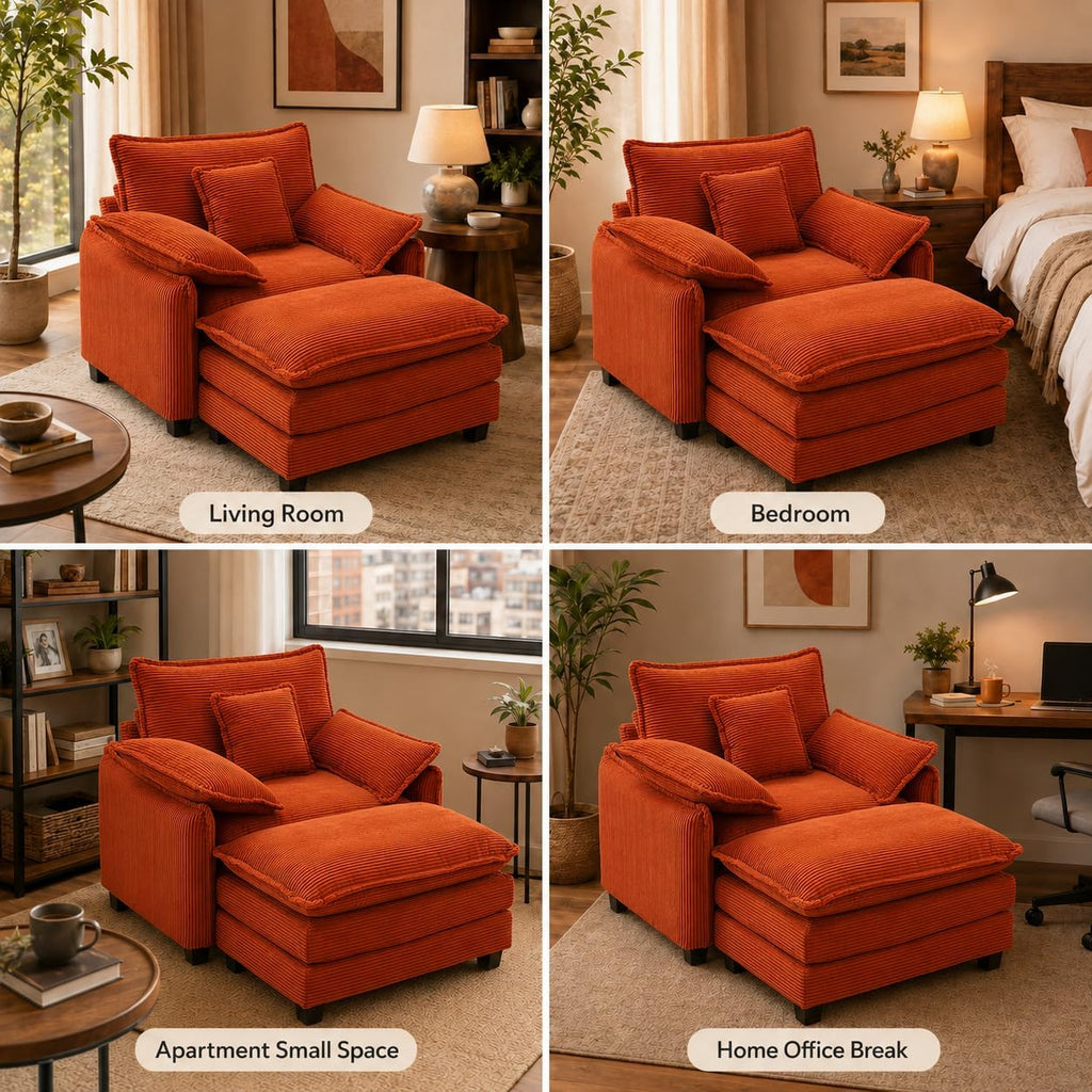 Oversized Chair with Ottoman, Corduroy Reading Chair with Footrest, Comfy Accent Armchair for Living Room Bedroom, Single Sofa Lounge Chair, 350 lbs (Orange)