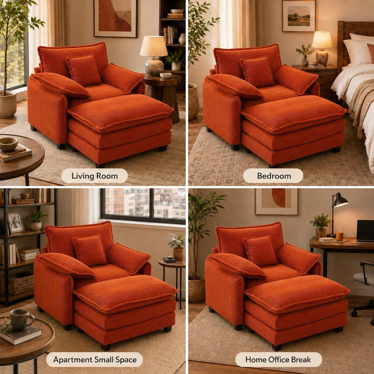 Oversized Chair with Ottoman, Corduroy Reading Chair with Footrest, Comfy Accent Armchair for Living Room Bedroom, Single Sofa Lounge Chair, 350 lbs (Orange)