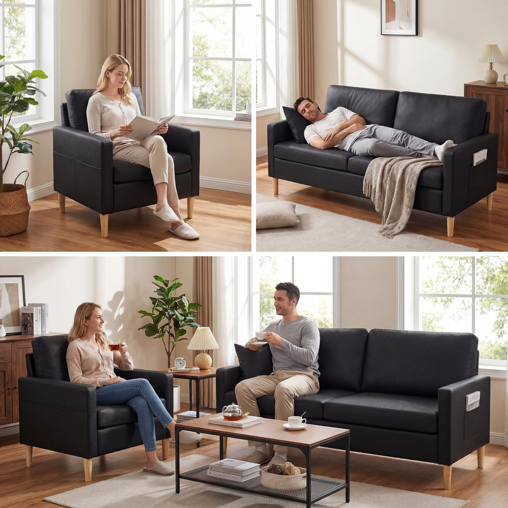3 Piece Black Faux Leather Modern Small Couch and Chair Set for Office