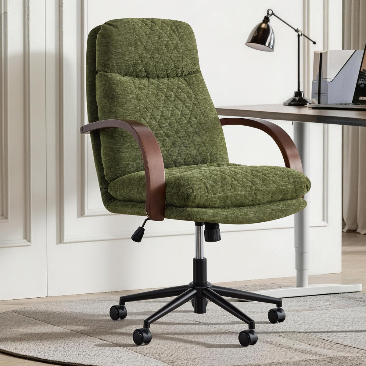 KISLOT Home Office Desk Chair, Ergonomic Office Chair with Lumbar Support, Adjustable Swivel Computer Chair with Wheels, Faux Leather Executive Task Chair with Wood Arms, Set of 2, Brown