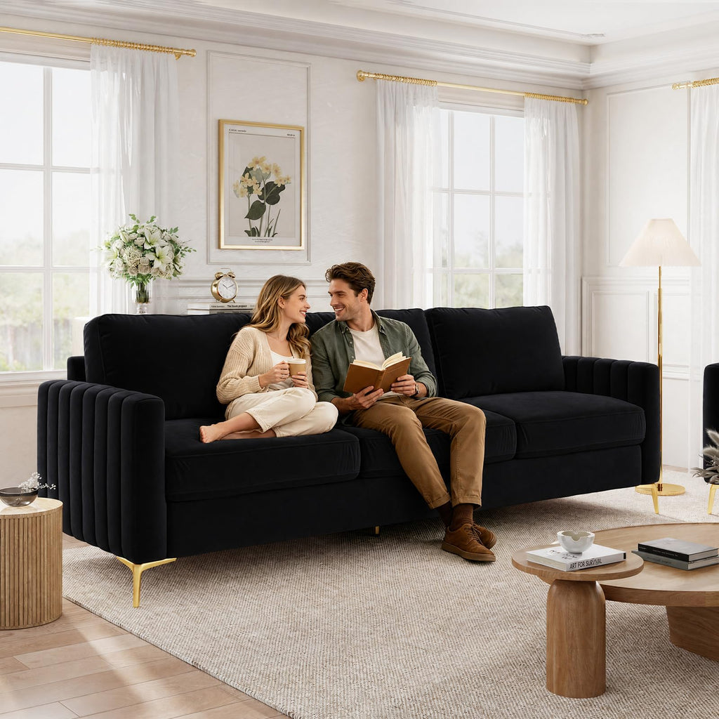2 Piece Sofa and Loveseat Set, Comfy Tufted Velvet Couch and Loveseat Sets Furniture with Gold Leg, Mid Century Modern Couch Soft Upholstered Sofa Set of 2 for Living Room Bedroom Office (Navy Blue)