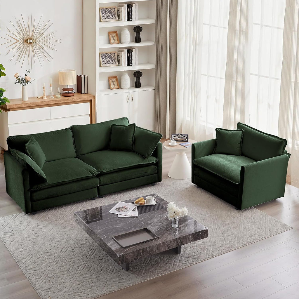 mikibama Luxury 2 Piece Loveseat Couch & Sofa Armchair Set, Modern Upholstered Chenille Cloud Couches Set Furniture with 5 Pillow for Living Room Bedroom Office Apartment, Evergreen