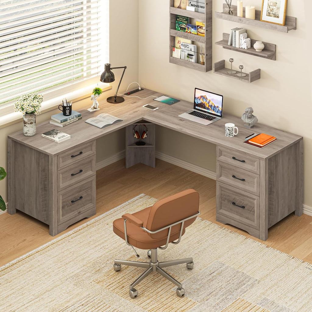 Halitaa Farmhouse Home Office Desk with 6 Drawers, L Shaped Executive Desk with Power Outlets and Triangle Under-Desk Storage Shelf & Drawer File Cabinet, Corner Computer Desk, Grey