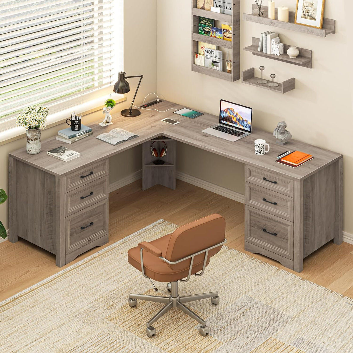 Halitaa Farmhouse Home Office Desk with 6 Drawers, L Shaped Executive Desk with Power Outlets and Triangle Under-Desk Storage Shelf & Drawer File Cabinet, Corner Computer Desk, Grey
