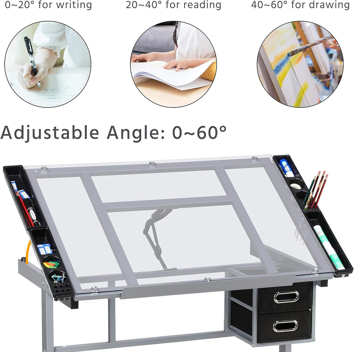 Yaheetech Glass Drafting Table with Storage, Adjustable Art Drawing Desk