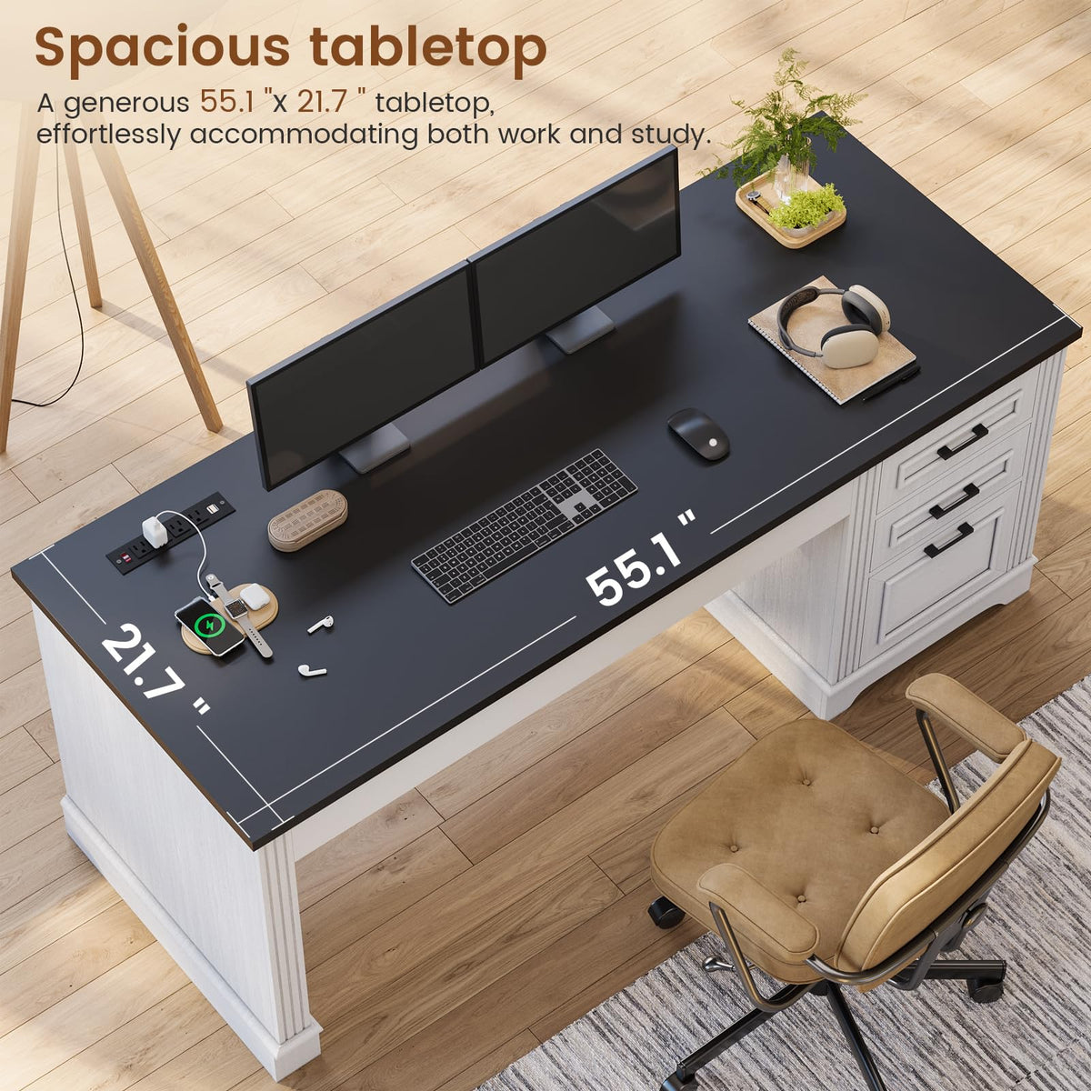 Itaar Farmhouse L Shaped Desk, Executive Computer Desk with Drawers and Storage Cabinet, Home Office Desk with File Drawer and Power Outlet, Corner Desk, Workstation for Office Home, Grey