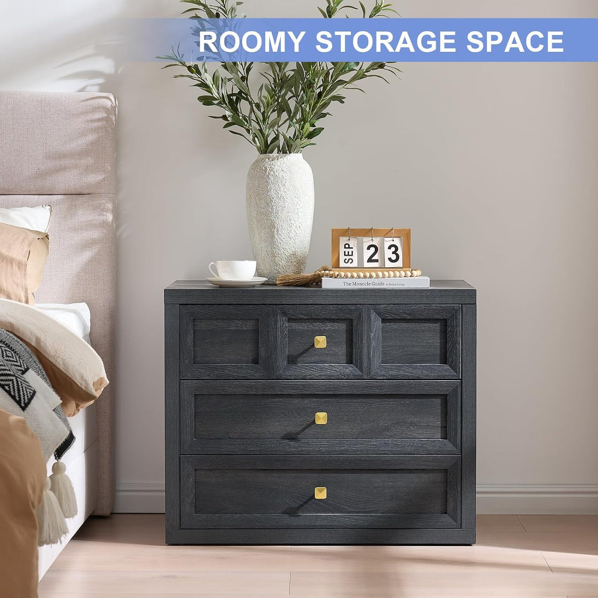 3 Drawers Nightstand Set of 2 W/Charging Station, 30.7" W King Size Bedside Table with 3 Drawers, Accent End Table W/Large Storage, Modern Wood Side Table for Bedroom,Office (2 Pieces, Gray Black)