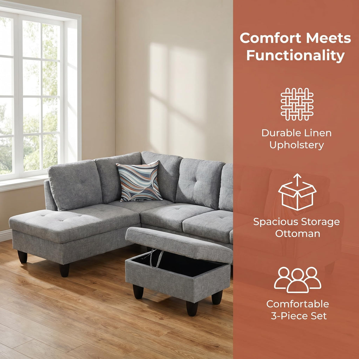 97.5" L-Shaped Modular Sectional Sofa with Movable Chaise & Storage Ottoman, 3 Piece Convertible Leather Couch, 4 Seat Gloss Black Living Room Furniture Set for Apartment Home Office