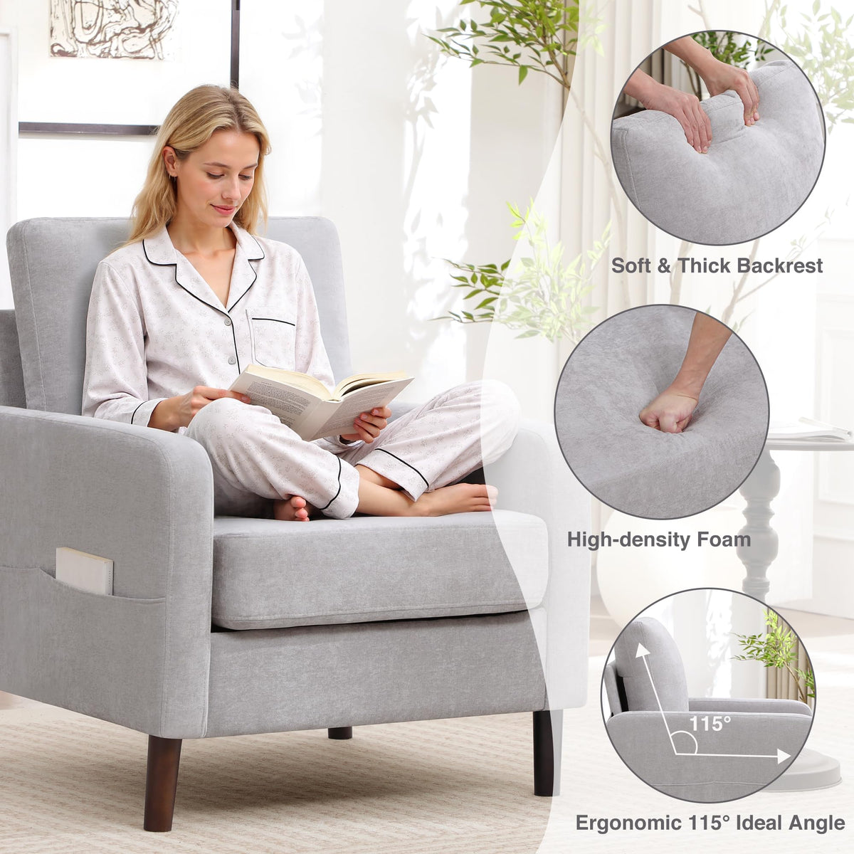 Accent Chair Set of 2, Upholstered Living Room Chairs with Wood Legs and Side Pockets, Modern Reading Chair for Bedroom, Armchair Single Sofa Side Chair for Office, Small Room, Dark Grey