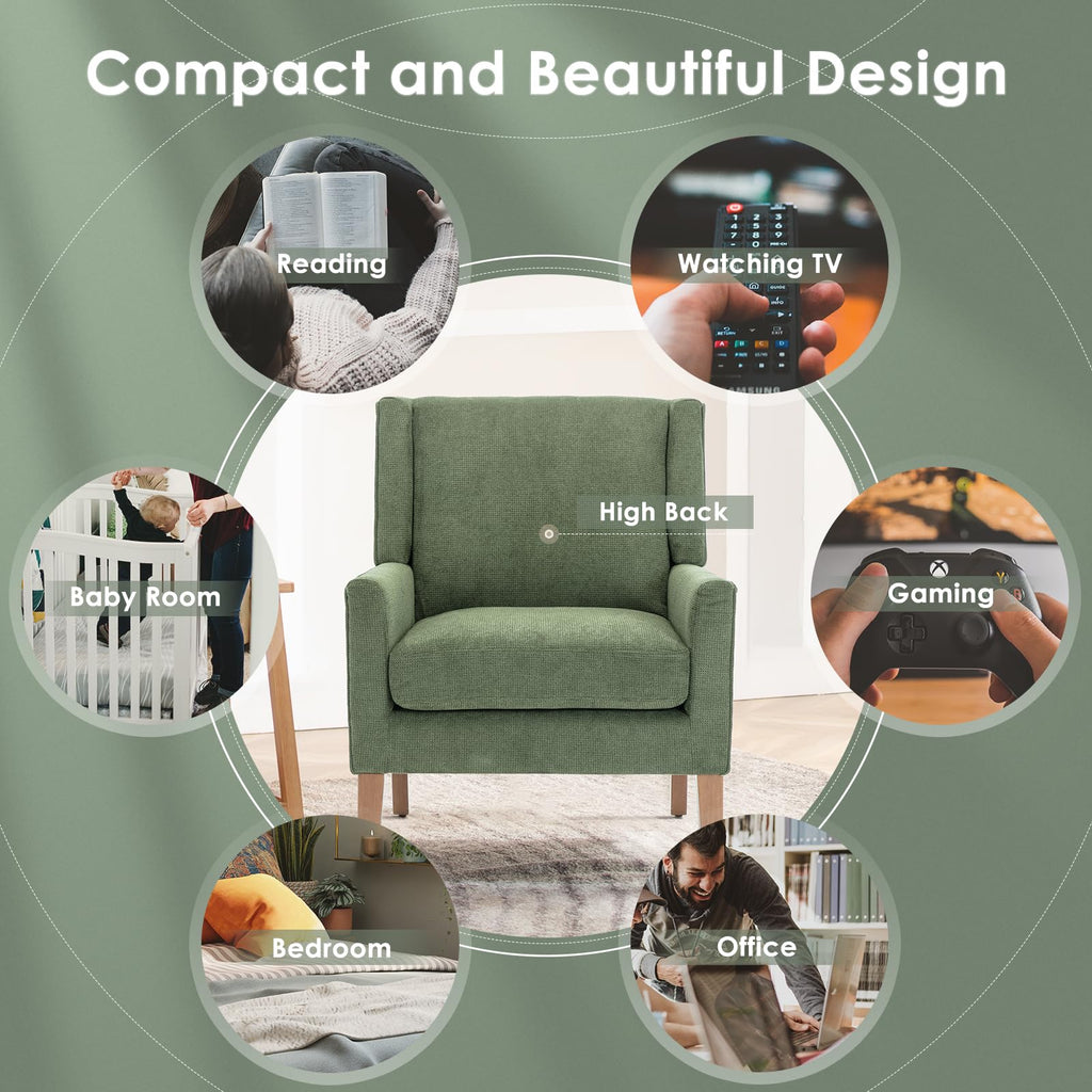 COLAMY Modern Wingback Living Room Chair, Upholstered Fabric Accent Armchair, Single Sofa Chair with Lounge Seat and Wood Legs for Office/Bedroom/Reading Spaces, Beige