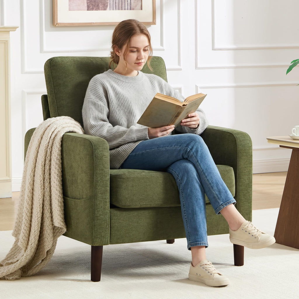 Accent Chair Set of 2, Upholstered Living Room Chairs with Wood Legs and Side Pockets, Modern Reading Chair for Bedroom, Armchair Single Sofa Side Chair for Office, Small Room, Dark Grey