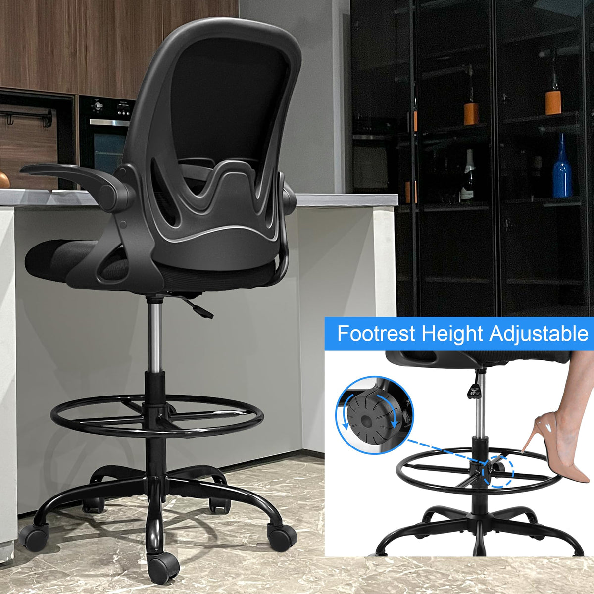 Drafting Chair Tall Office Chair with Flip-up Armrests, Adjustable Height, and Enhanced Lumbar Support - Ergonomic Rolling Stool, Back Support, and Adjustable Foot Rest Ring for Standing Desk White
