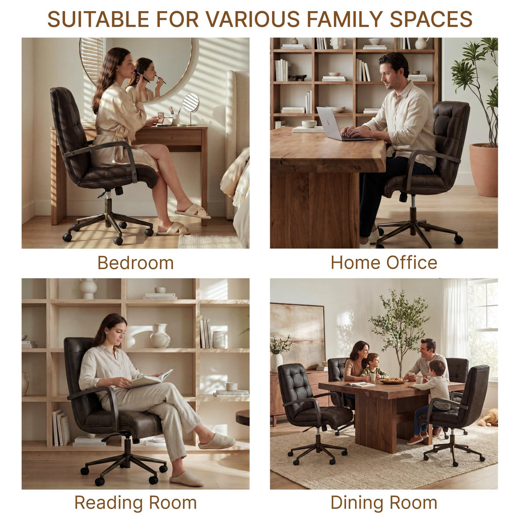 KISLOT Home Office Desk Chair, Ergonomic Office Chair with Lumbar Support, Adjustable Swivel Computer Chair with Wheels, Faux Leather Executive Task Chair with Wood Arms, Set of 2, Brown