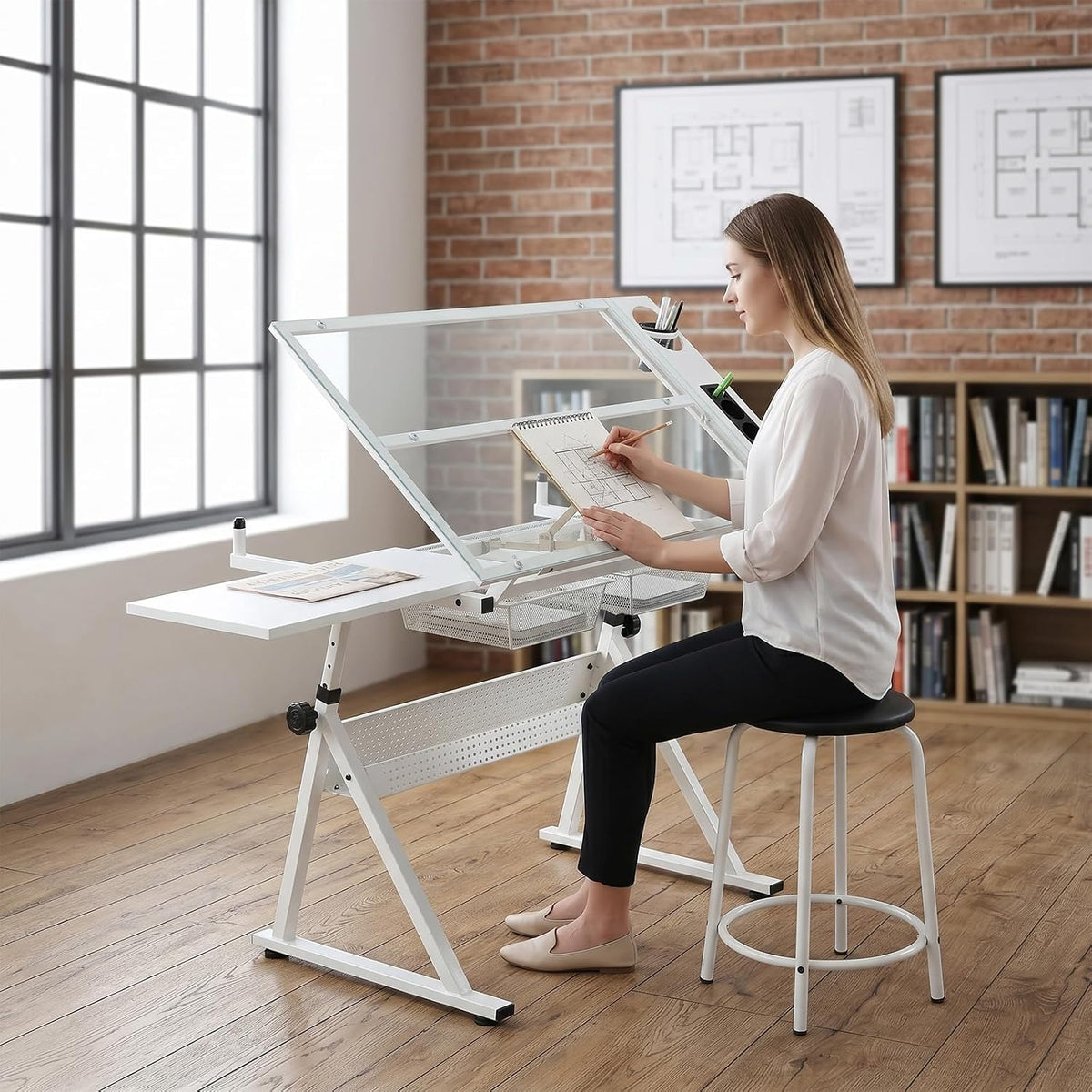 White Drafting Table with Stool Height Adjustable Art Craft Desk with Storage, Tilting Tempered Glass Tabletop, Expansion Board, Drawing Table for Home Office, Artists, Painters