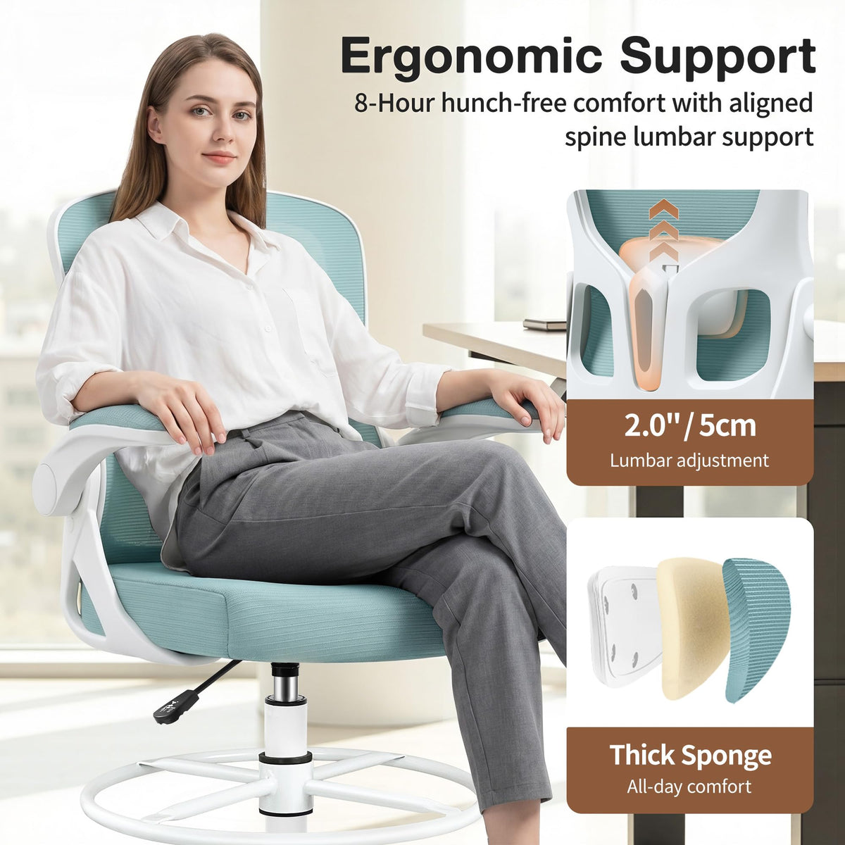 Drafting Chair, Tall Office Chair for Standing Desk with Flip-Up Armrests, Adjustable Foot Ring & Lumbar Support, Breathable Mesh High Desk Stool for Studio & Drafting Table, Black