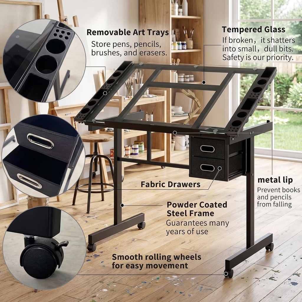 XEW Adjustable Drafting Table Desk Without Stool â Multi-Functional Art Desk for Adults, Drawing & Painting Table, Artist Desk & Drafting Table, Art Table, Tempered Glass Black C