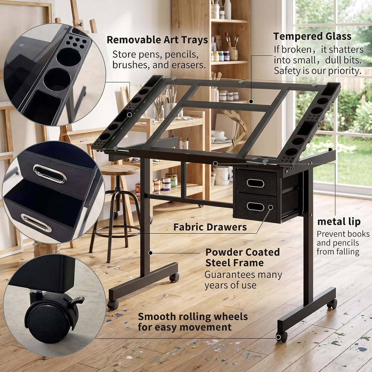 XEW Adjustable Drafting Table Desk Without Stool â Multi-Functional Art Desk for Adults, Drawing & Painting Table, Artist Desk & Drafting Table, Art Table, Tempered Glass Black C