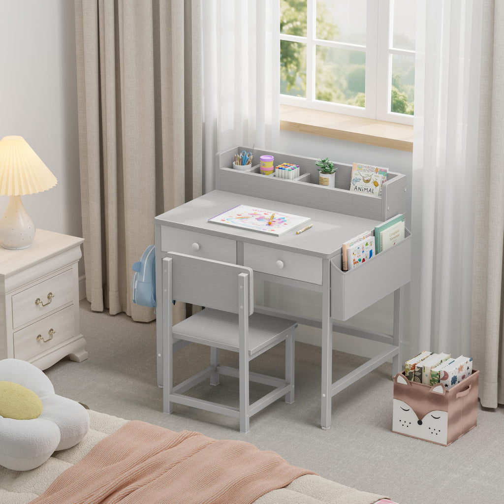 BOLUO White Kids Desk and Chair Set for 5-8 Year Old, Small Child Desk with Fabric Drawer, Children Study Table with Storage Toddler Girls Boys