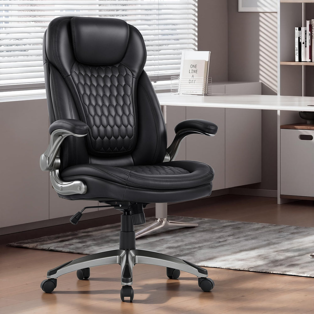 COLAMY High Back Executive Office Chairs, Ergonomic PU Leather Desk Chairs with Flip-Up Armrests, Adjustable Height, Lumbar Support, Comfortable Computer Chairs for Home Office, Set of 2