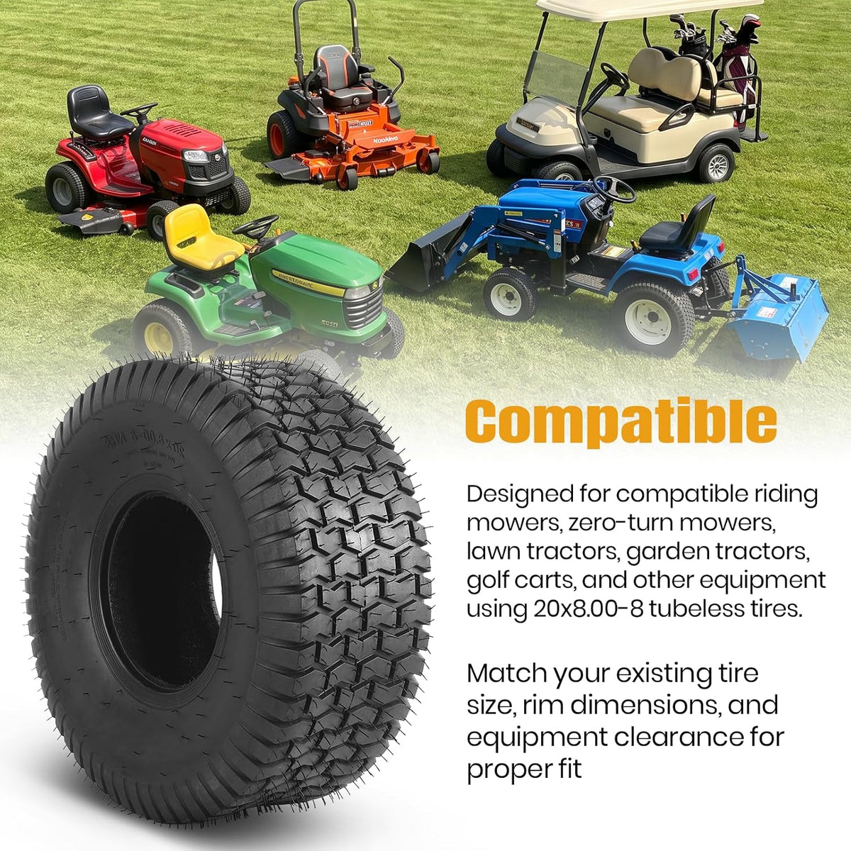 AR-PRO (2 Pack) 20x8.00-8 Lawn Mower Turf Tires, Tubeless, No Rims