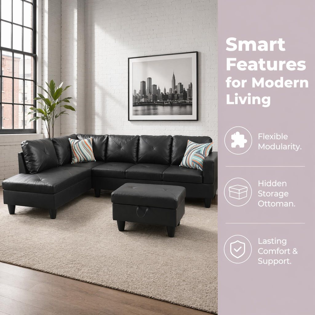 97.5" Leather L Shaped Couch with Left Chaise & Cup Holder, Sectional Sofas Modular Furniture Set with Storage Ottoman, Convertible Couches for Living Room, Office & Small Space (Black)