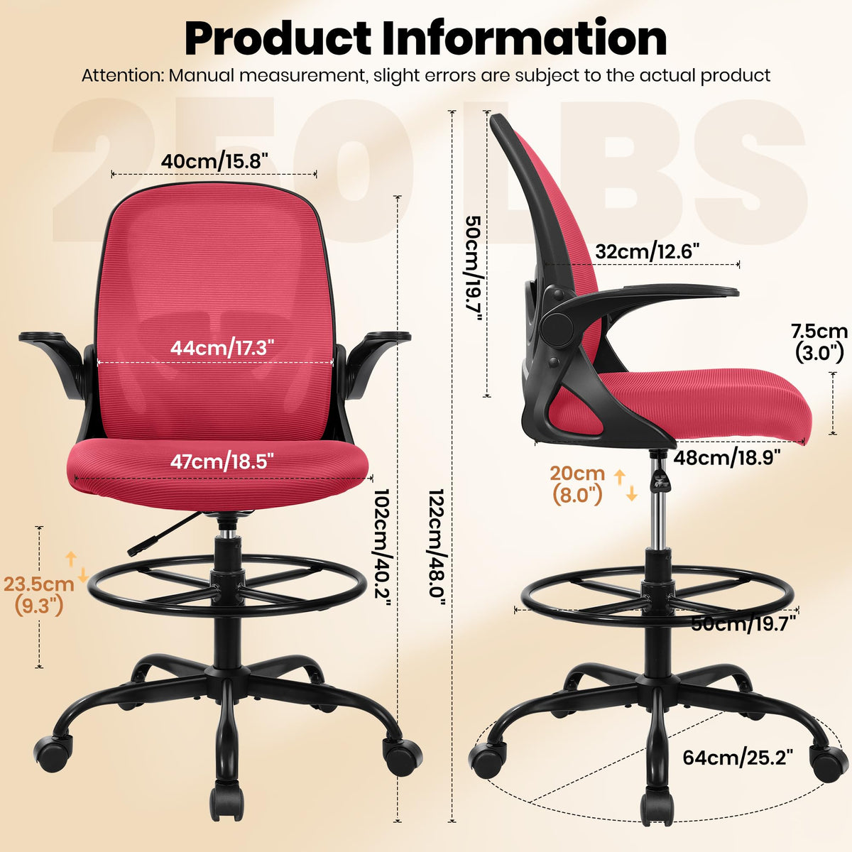 Drafting Chair Tall Office Chair with Flip-up Armrests, Adjustable Height, and Enhanced Lumbar Support - Ergonomic Rolling Stool, Back Support, and Adjustable Foot Rest Ring for Standing Desk White