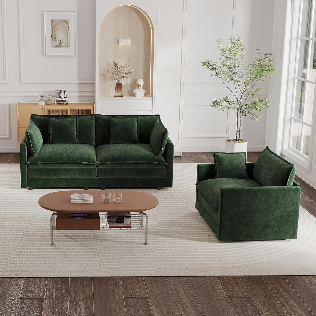 mikibama Luxury 2 Piece Loveseat Couch & Sofa Armchair Set, Modern Upholstered Chenille Cloud Couches Set Furniture with 5 Pillow for Living Room Bedroom Office Apartment, Evergreen