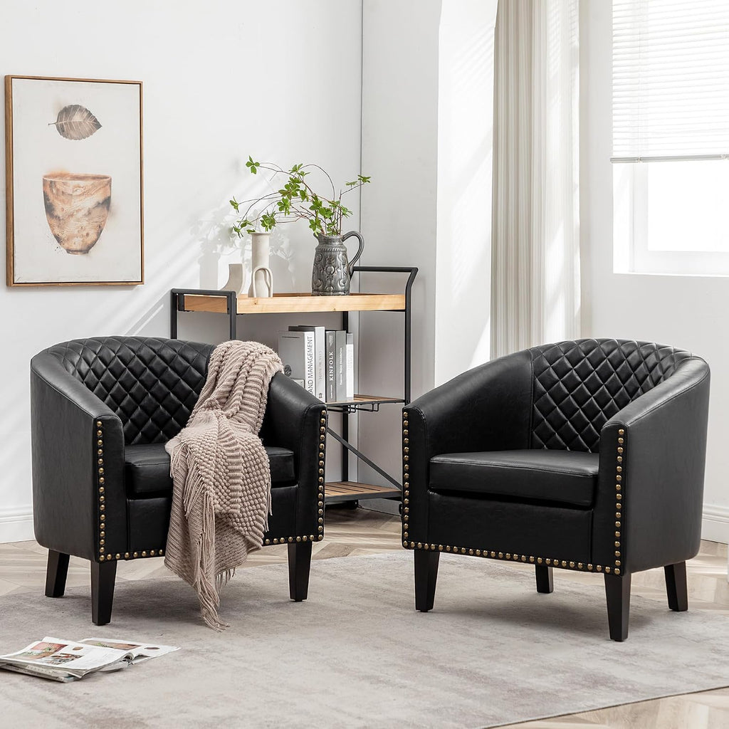 KINWELL 29" W Faux Leather Tufted PU Barrel Club Chairs Set of 2, Black