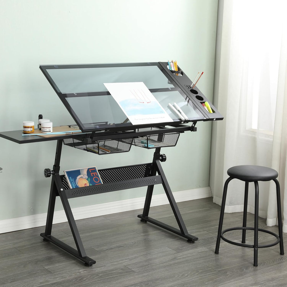 Drafting Table with Stool and Storage, Adjustable Drawing Desk with Metal Drawers, Extended Craft Table Diamond Painting Work Station, Tilting Art Desk for Home Office, Crafting & Painting, Black