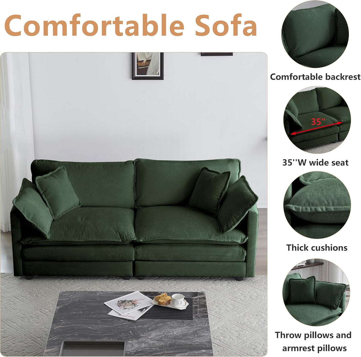 mikibama Luxury 2 Piece Loveseat Couch & Sofa Armchair Set, Modern Upholstered Chenille Cloud Couches Set Furniture with 5 Pillow for Living Room Bedroom Office Apartment, Evergreen