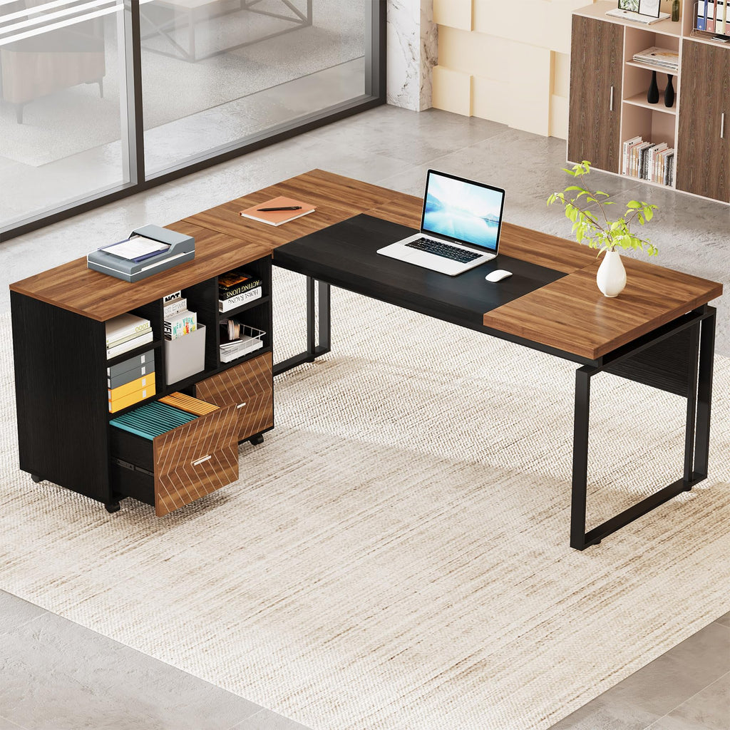 Tribesigns L-Shaped Executive Desk with Reversible File Cabinet, 63" Office Desk with Storage Drawers, Computer Desk Set (Oak Karo & White)