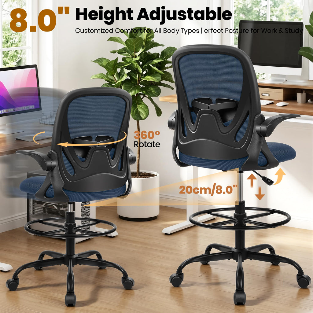 Drafting Chair Tall Office Chair with Flip-up Armrests, Adjustable Height, and Enhanced Lumbar Support - Ergonomic Rolling Stool, Back Support, and Adjustable Foot Rest Ring for Standing Desk White