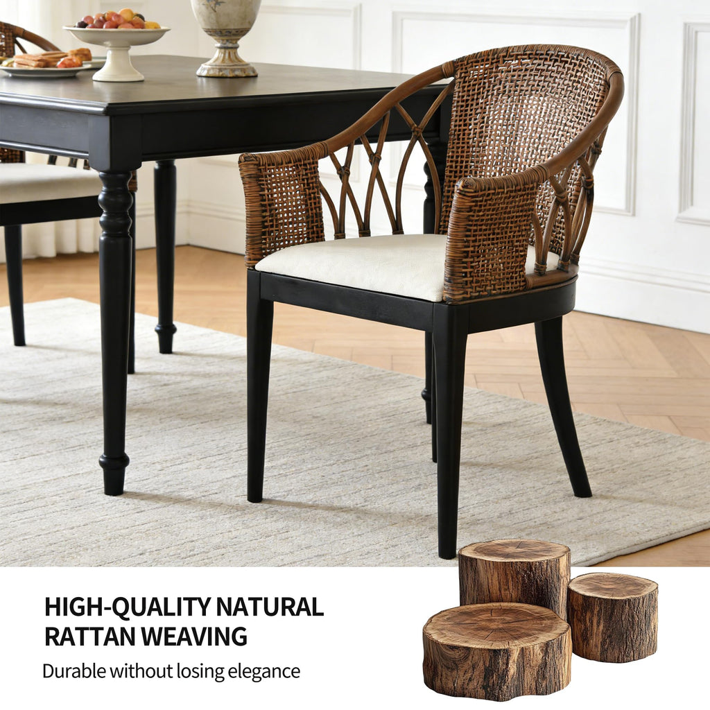 DUHOME 2 Sets Wood Rattan Arm Accent Chairs Natural Wash/White Cushion