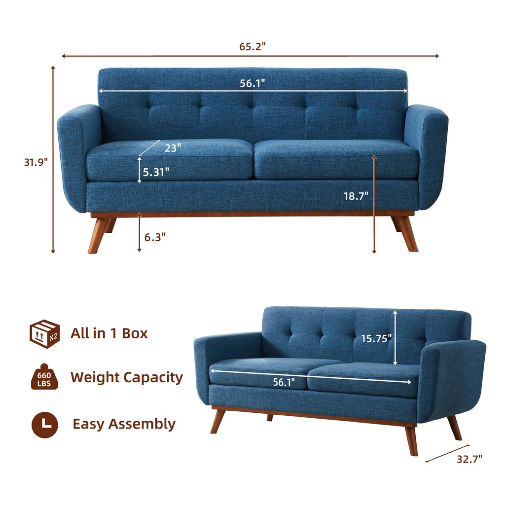 Kingfun 2 Piece Loveseat and Sofa Sets, Mid Century Modern Love Seat Couches for Living Room, Button Tufted Upholstered Furniture, Small Couch for Bedroom, Office, Beige