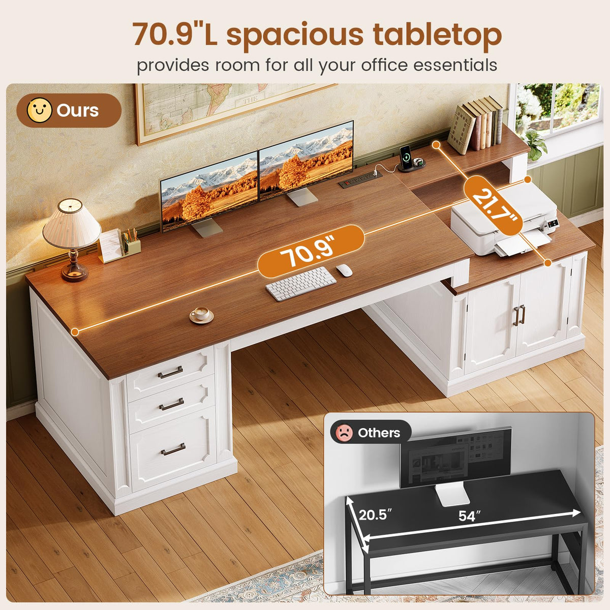 SEDETA Farmhouse 70.9" Executive Desk, Home Office Desk with File Drawers and Storage Cabinet, Computer Desk with Power Outlet for Home Office, Work Study Writing, Black+Brown