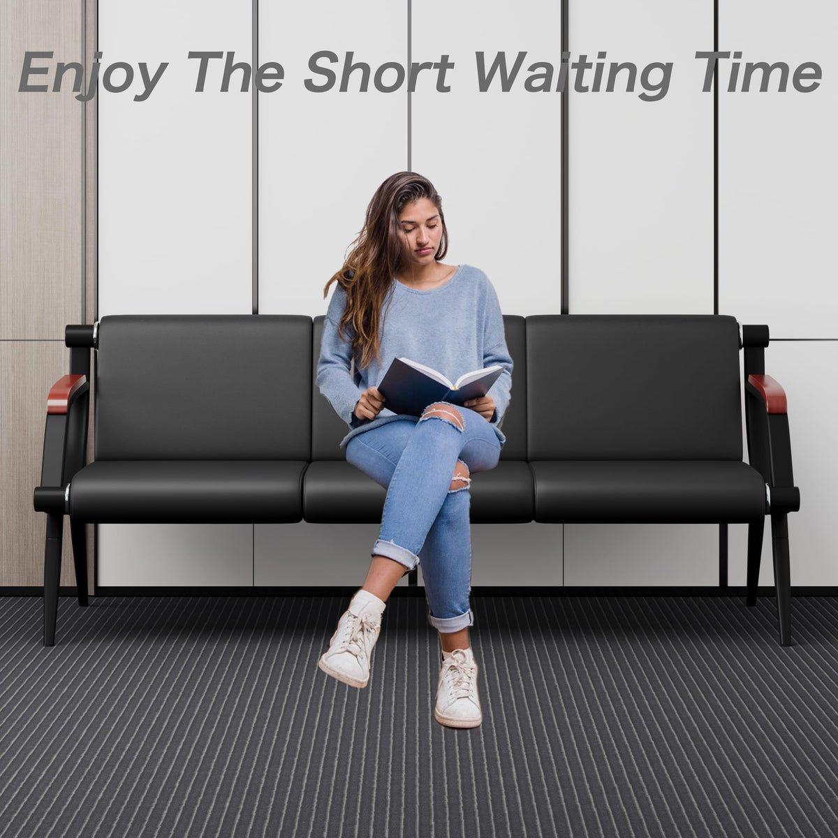 wonline Waiting Room Chairs, Office Furniture Reception Chairs with Arms, Leather Chairs is Suitable for Clinic,Airport,Hospital,Barber,Salon,Bank-Black