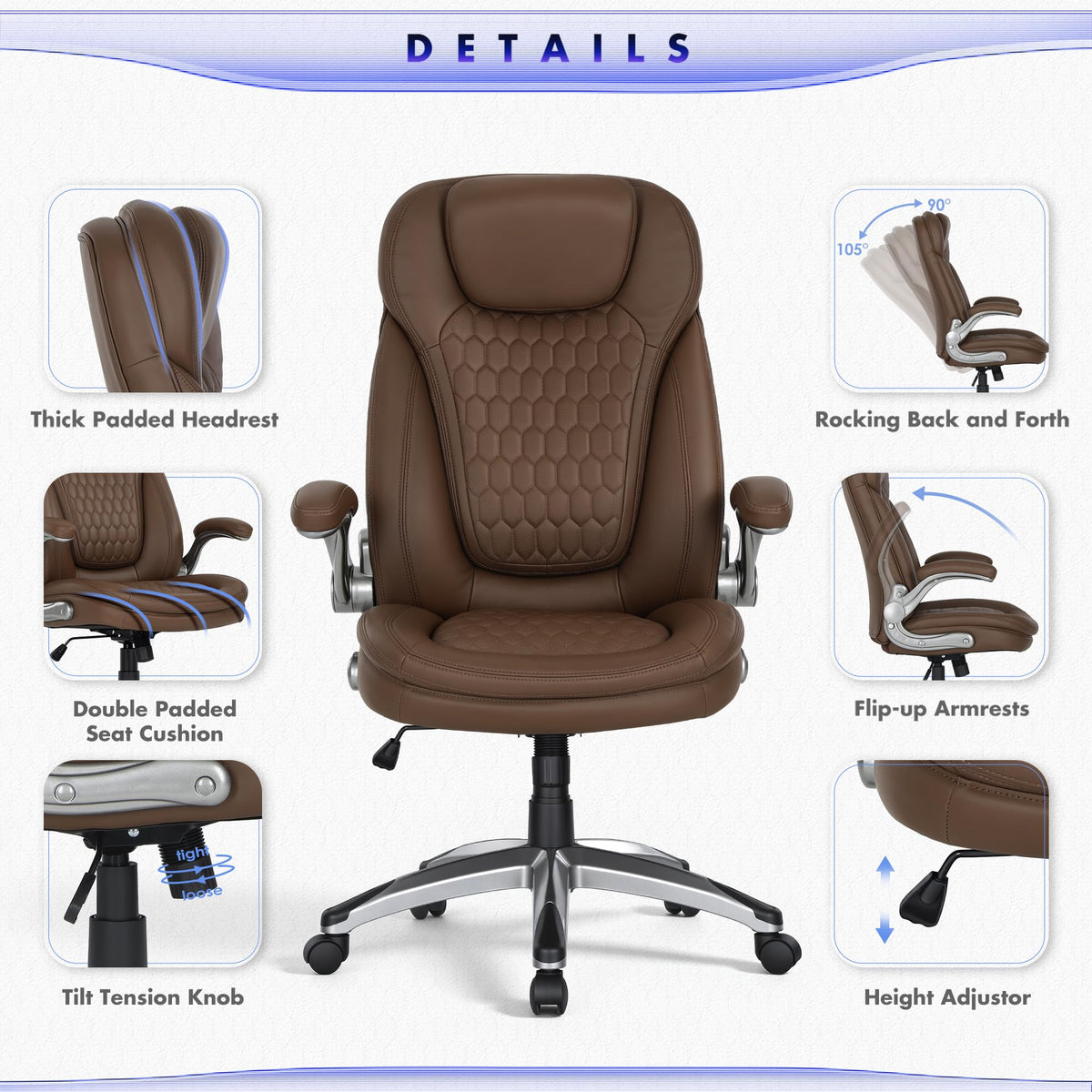 COLAMY High Back Executive Office Chairs, Ergonomic PU Leather Desk Chairs with Flip-Up Armrests, Adjustable Height, Lumbar Support, Comfortable Computer Chairs for Home Office, Set of 2