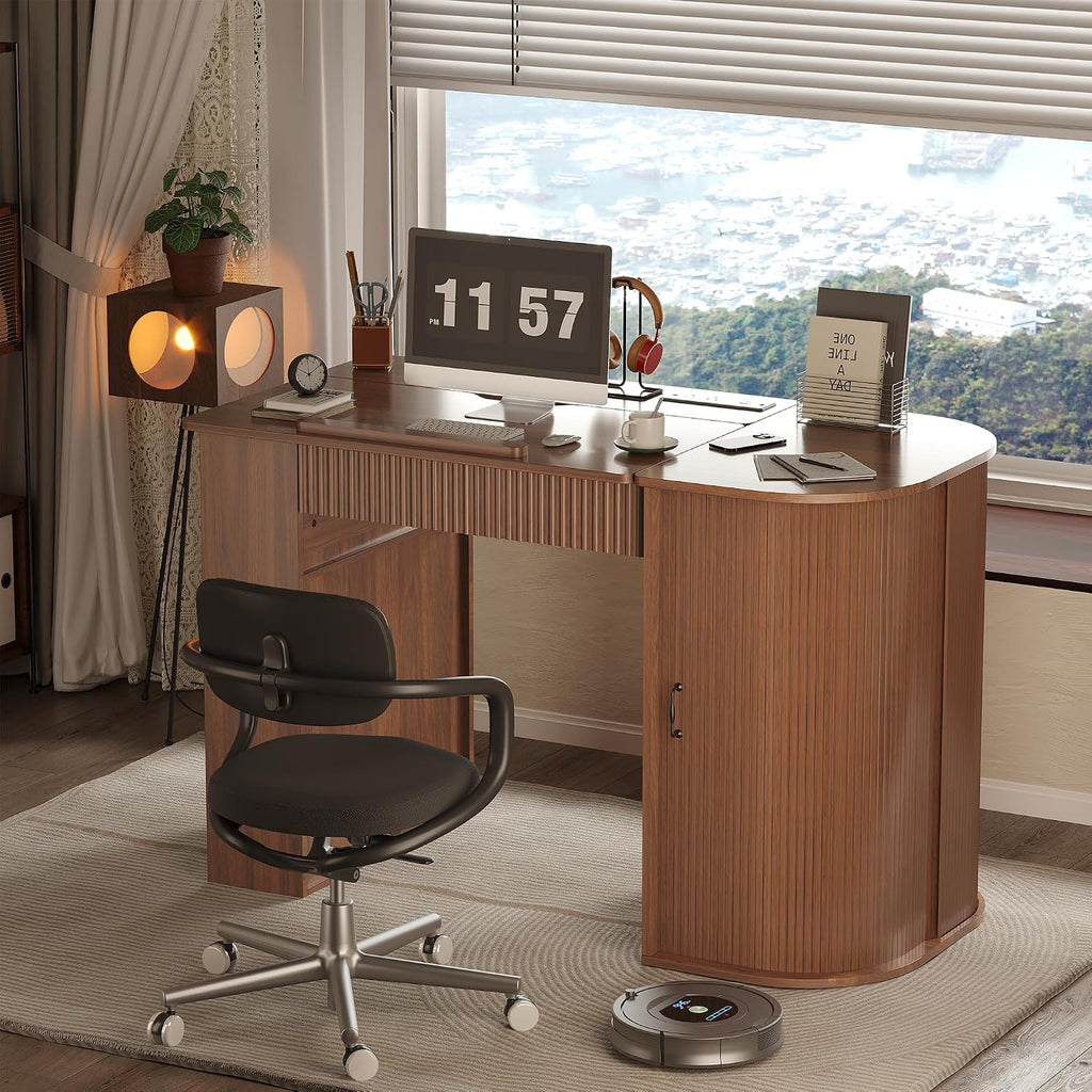 Fluted Drafting Table with Storage, Adjustable Drawing Desk (Walnut)