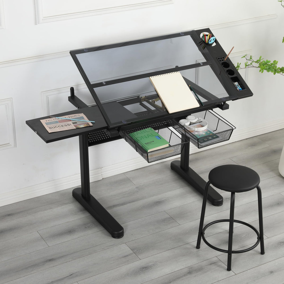 Drafting Table with Storage and Stool, Glass Art Desk for Adults Adjustable Height with 2 Metal Drawers, Craft Drawing Table Artist Desk with Extra Desktop for Reading/Writing/Studying (Black)