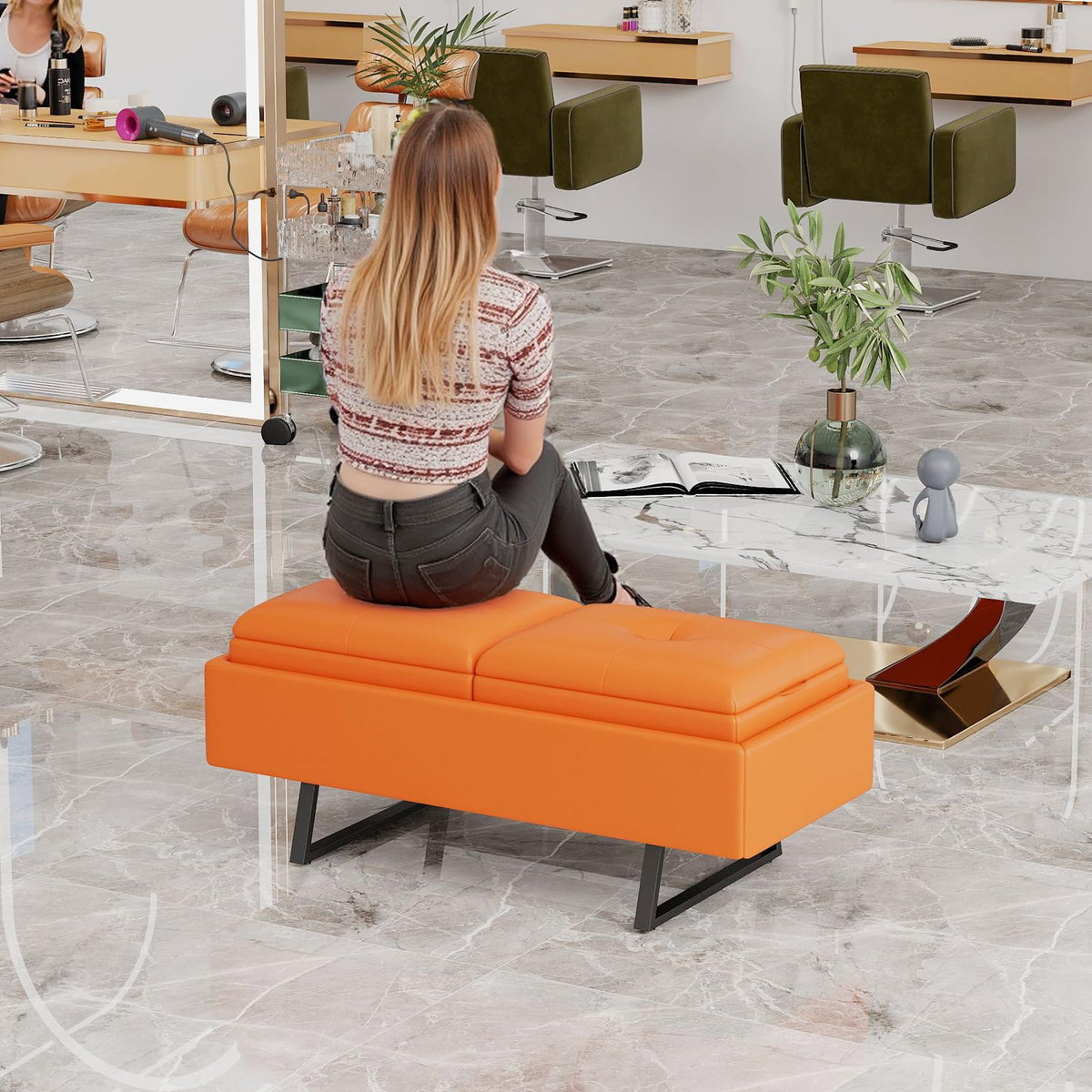 MOTION Leather Bench Waiting Room Chairs - 3 Seat Office Guest Reception Bench with Cushion, Waiting Room Bench Seating, Office Furniture Lobby Chairs for Salon, Shop, Set of 2, Orange