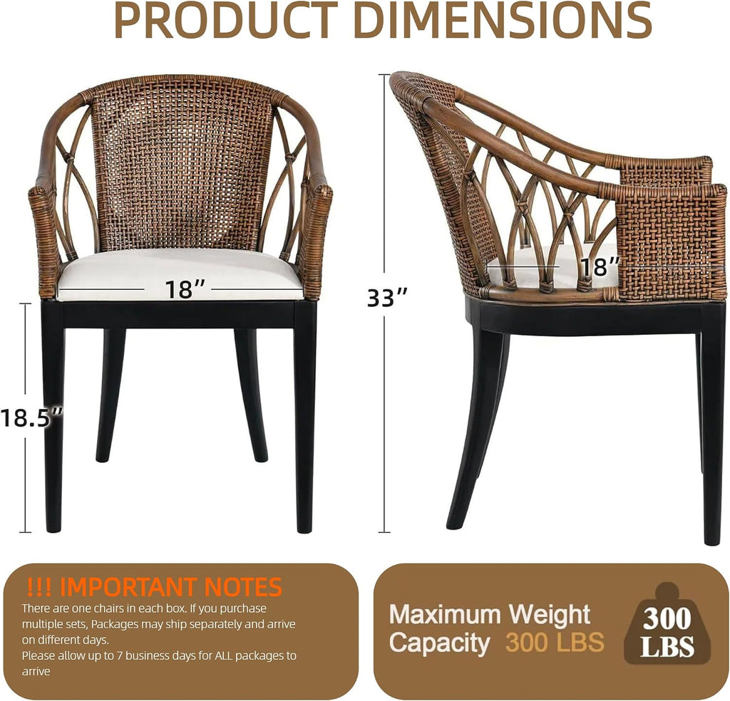 DUHOME 2 Sets Wood Rattan Arm Accent Chairs Natural Wash/White Cushion
