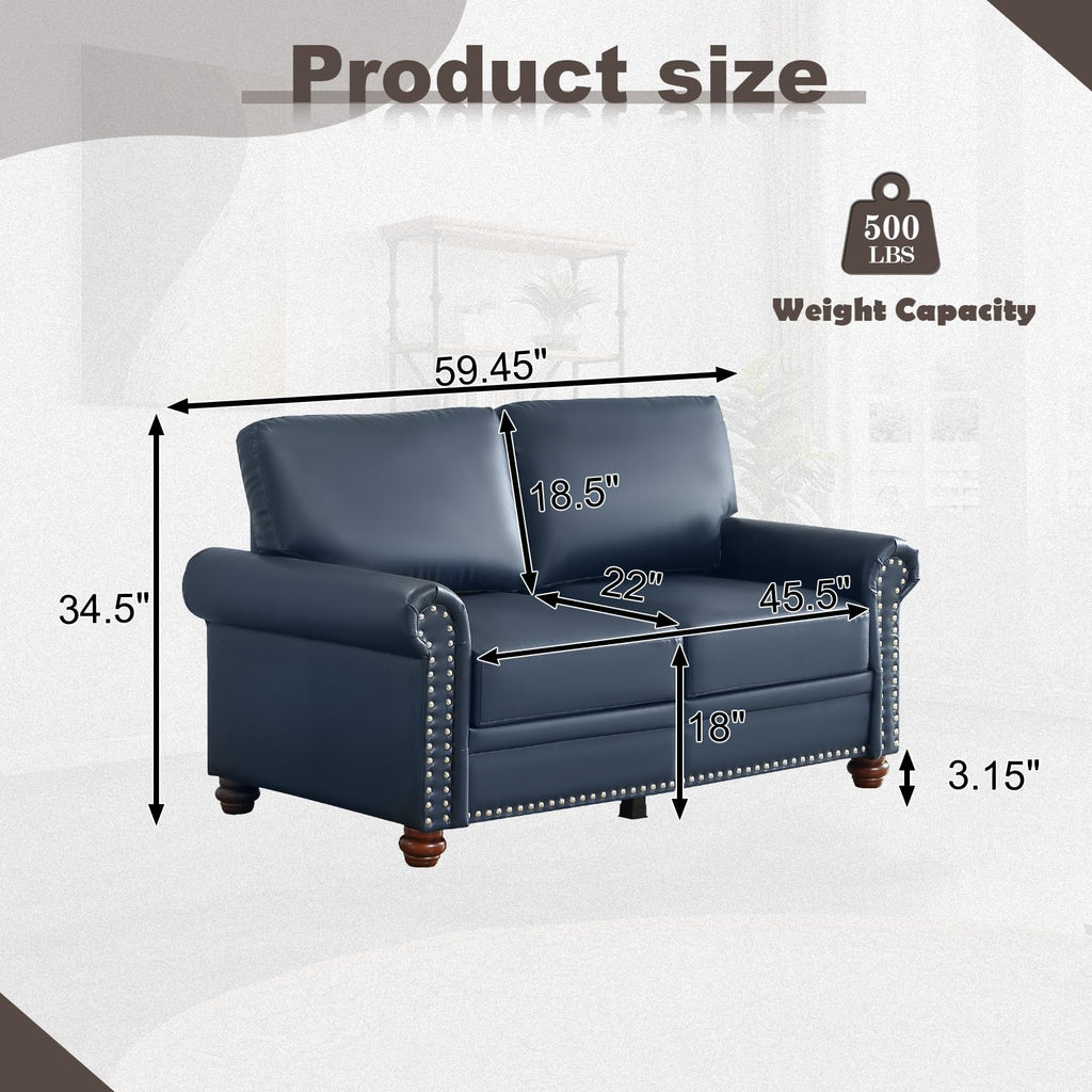 2 Piece Faux Leather Sofa Set,Modern Couch and Loveseat Sets with Storage,Mid Century Couch with Rivet Rolled Arm,Comfy Deep Seat Sofa,Furniture for Living Room,Office(Loveseat+3 Seater,Navy)