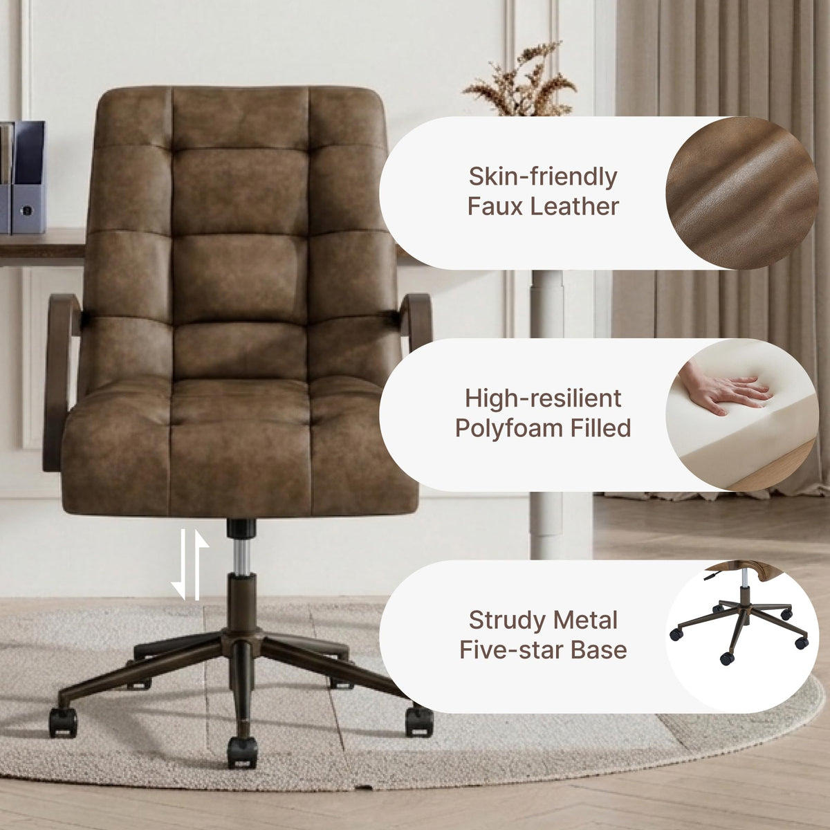 KISLOT Home Office Desk Chair, Ergonomic Office Chair with Lumbar Support, Adjustable Swivel Computer Chair with Wheels, Faux Leather Executive Task Chair with Wood Arms, Set of 2, Brown