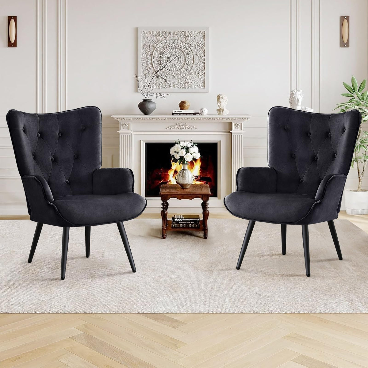 Furniliving PU Leather Accent Chair for Living Room, Upholstered Reading Chair with High Backrest, Tufted-Button Wingback Armchair for Bedroom, Dressing Room, Home Office, Brown, Set of 2