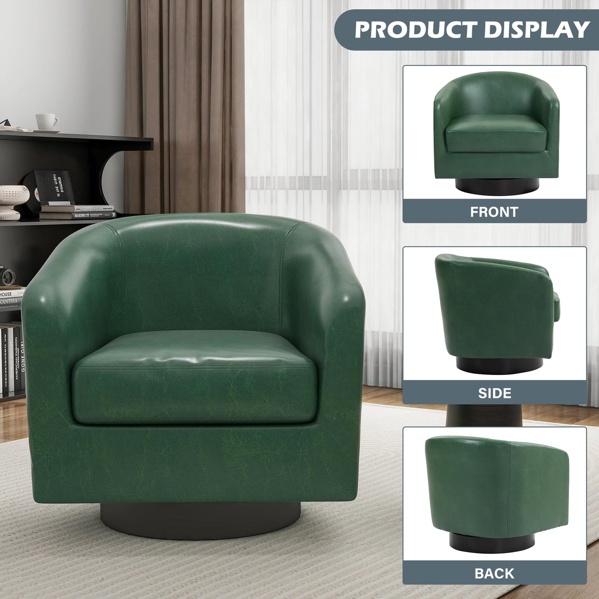 Faux Leather Swivel Accent Chairs Set of 2, Barrel Armchair, Brown