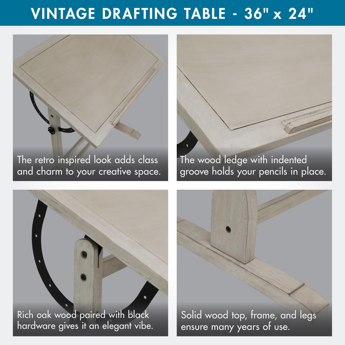 Studio Designs Vintage Drafting Table - Antique Design Solid Wood Drafting Table with Built-In Pencil Groove and Pencil Ledge - Angle Adjustable Work Surface