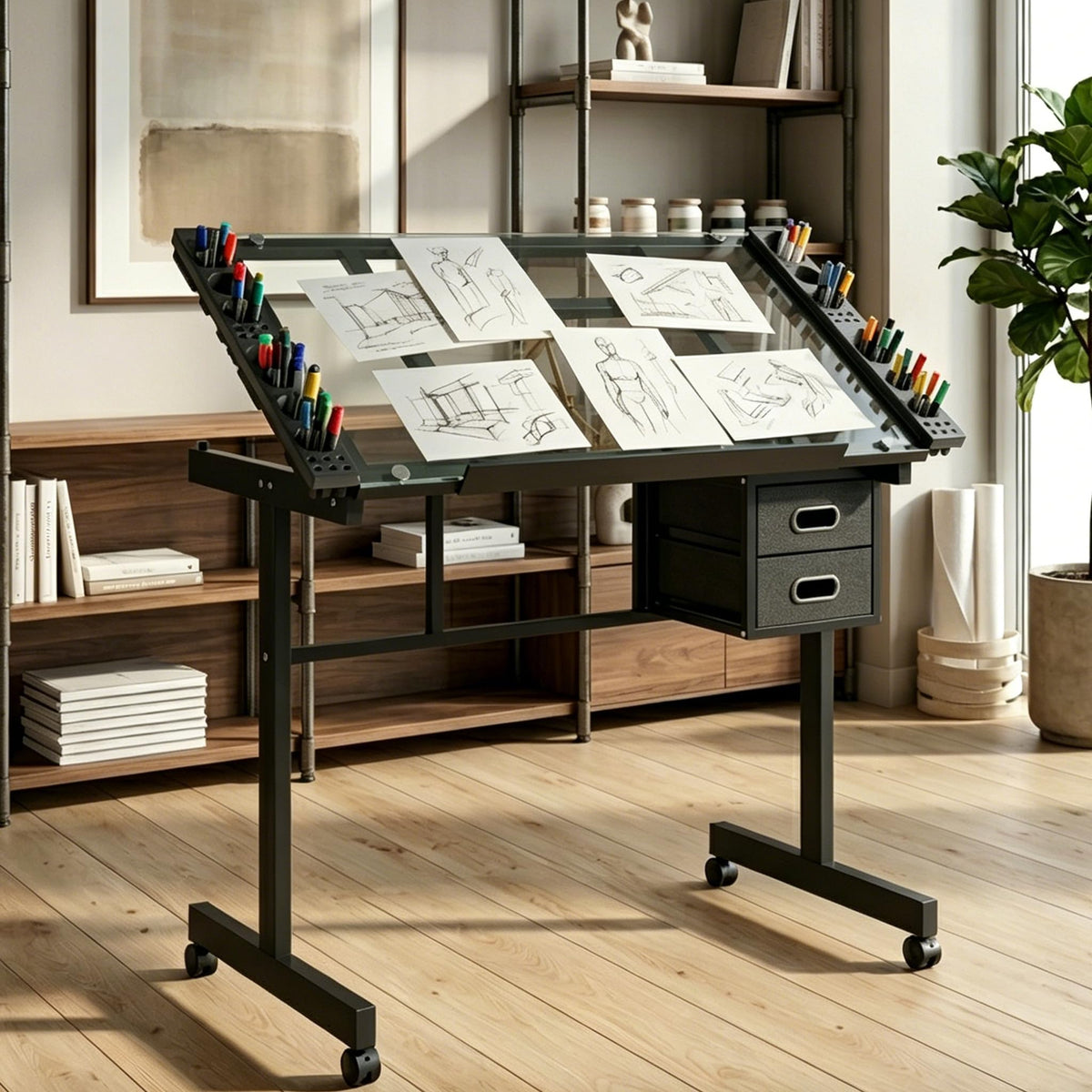 Rolling Drafting Table with Storage and Wheels, Tempered Glass Table Top