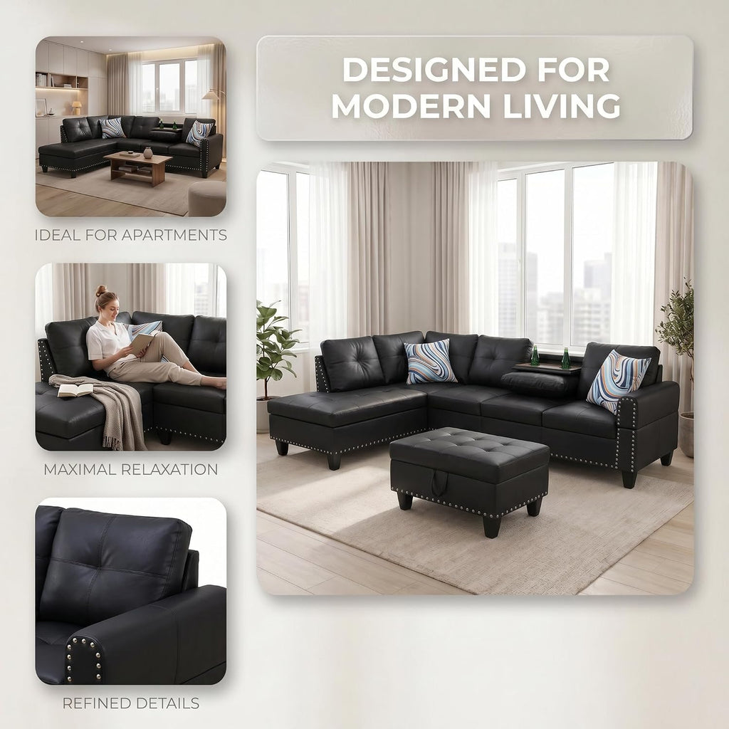 97.5" L-Shaped Modular Sectional Sofa with Movable Chaise & Storage Ottoman, 3 Piece Convertible Leather Couch, 4 Seat Gloss Black Living Room Furniture Set for Apartment Home Office